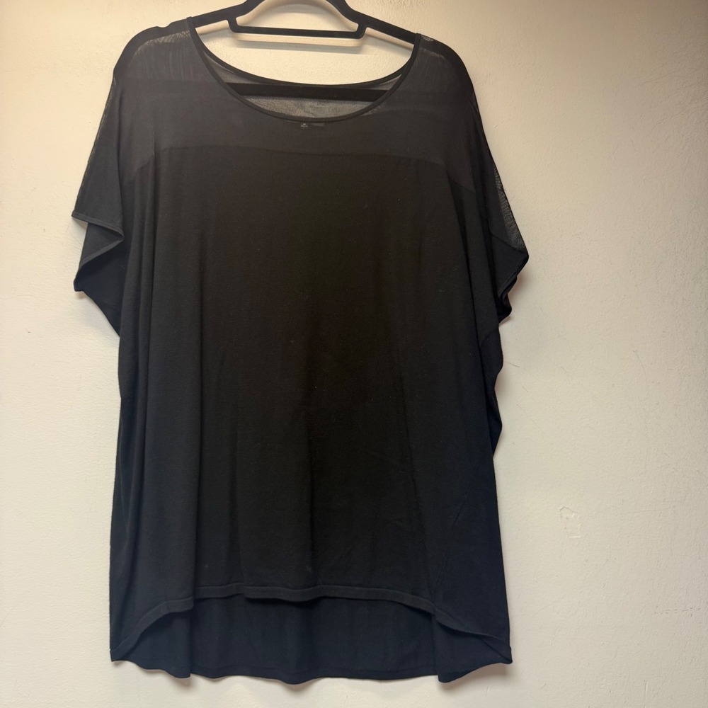 Lafayette 148 New York Knit Top Womens M Black Excellent Sheer Mesh High-Low